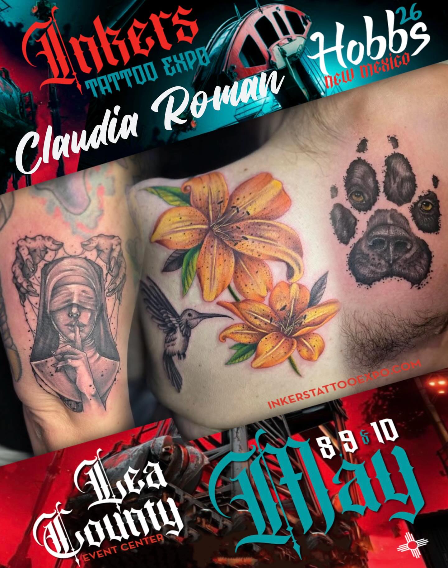 Lily and hummingbird realism tattoo on the chest by Claudia Isabel Roman, El Paso, Texas