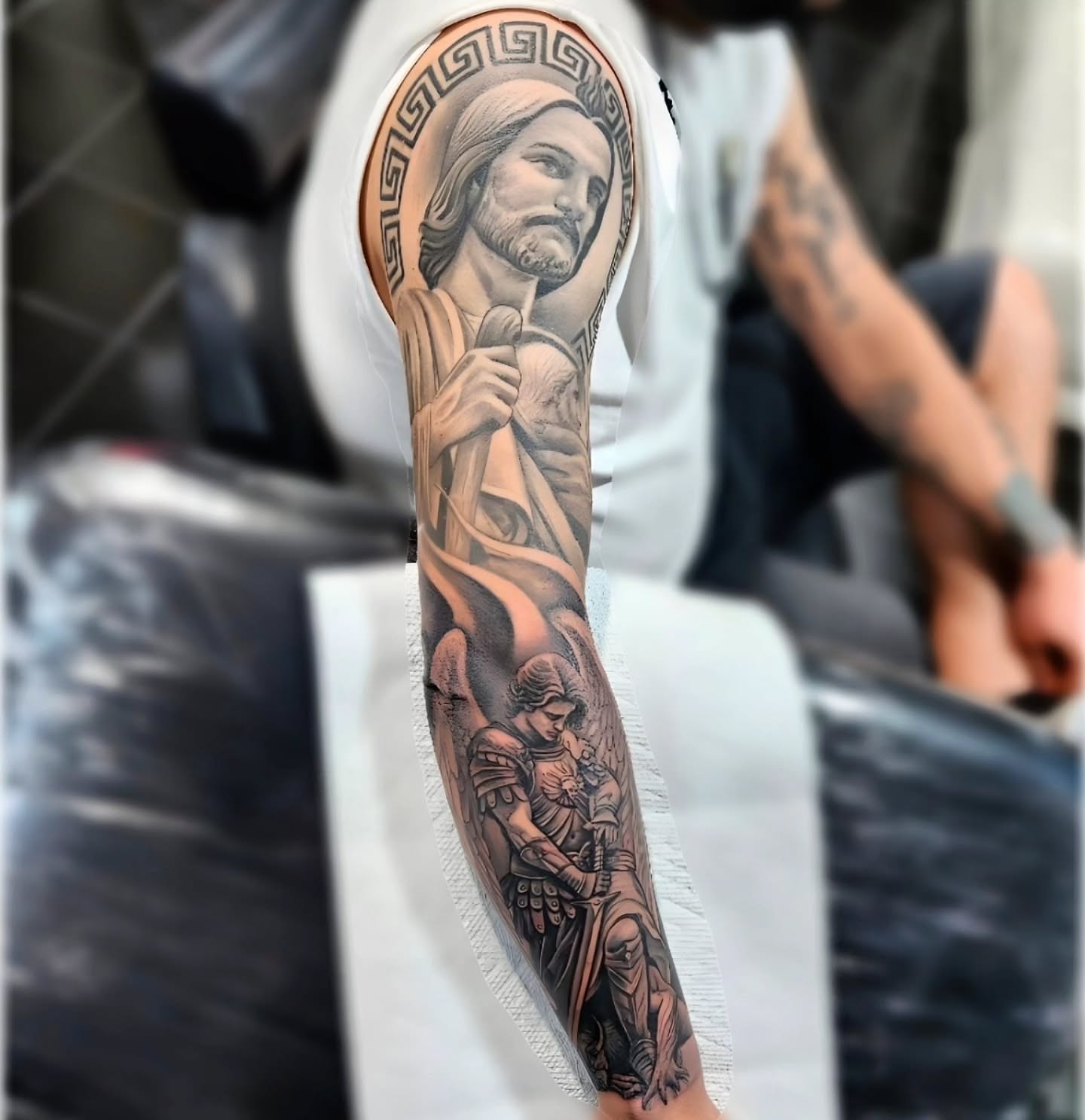 Religious figures realism tattoo on the forearm by "El Jose" Tattoo