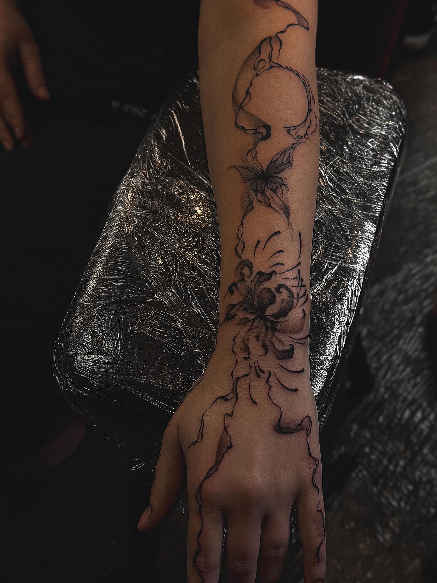 Tattoo by @brknsocialclub — fine_line, black_and_grey