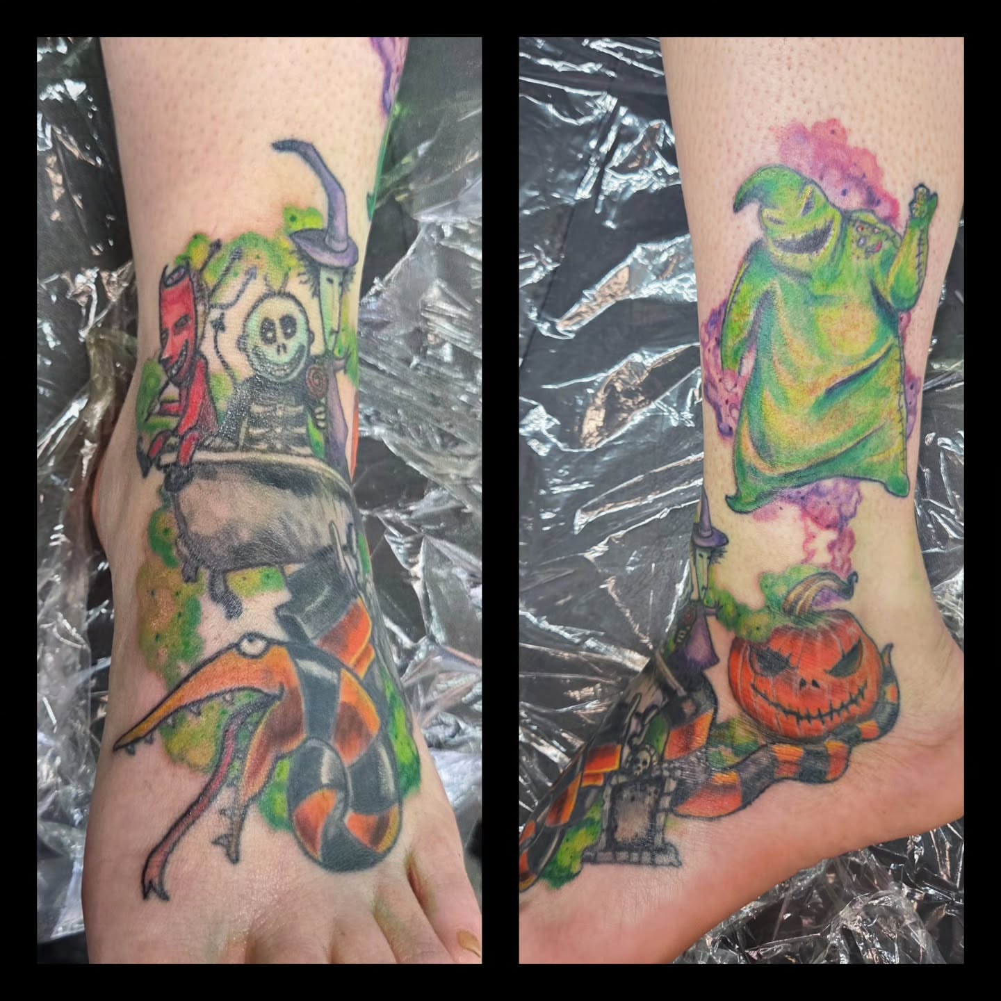 Halloween characters watercolor tattoo on the foot by Matthew Todd Kremer