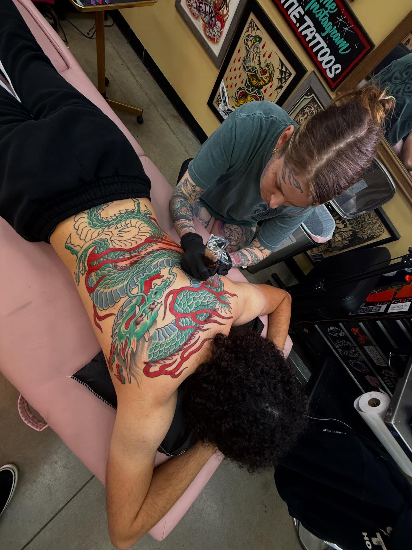 Dragon American traditional tattoo on the thigh by Katie Dexter, Des Moines, Iowa