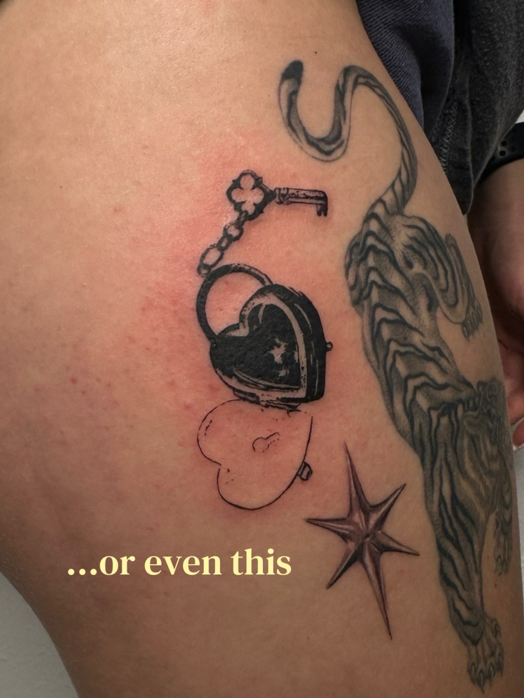 Heart and key black and grey tattoo on the thigh by 𝓡𝓸𝓼𝓮 𝓗𝓪𝔂𝓮𝓼