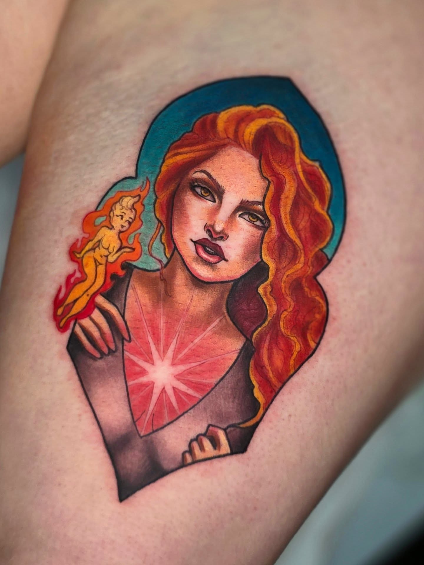 Woman with flame American traditional tattoo on the thigh by April High ☆ Tattoo Artist