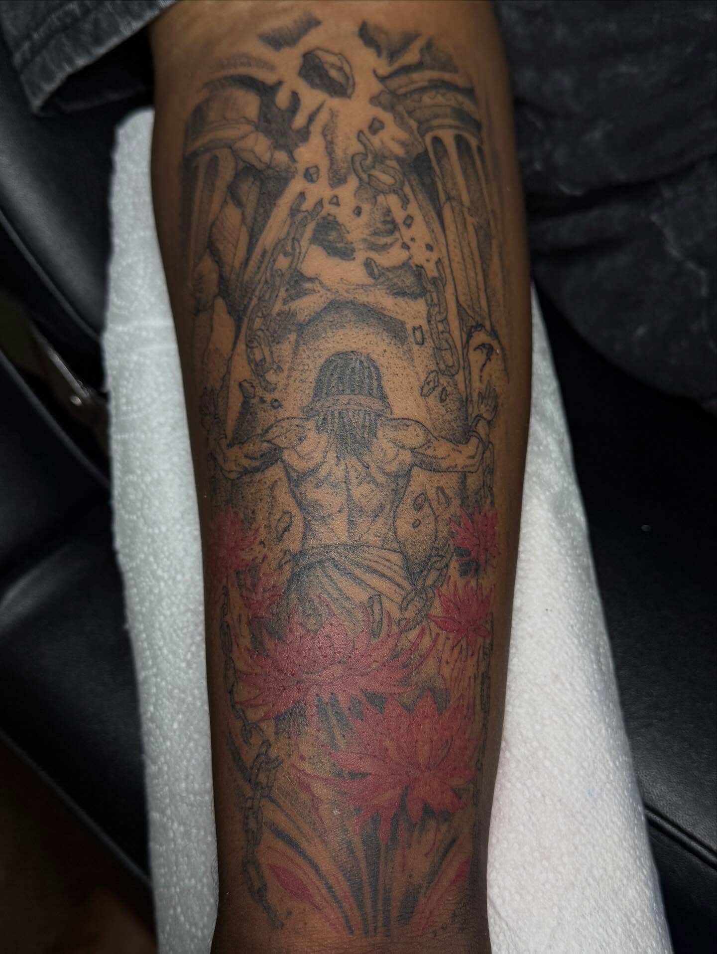 Warrior and flames realism tattoo on the forearm by Destini