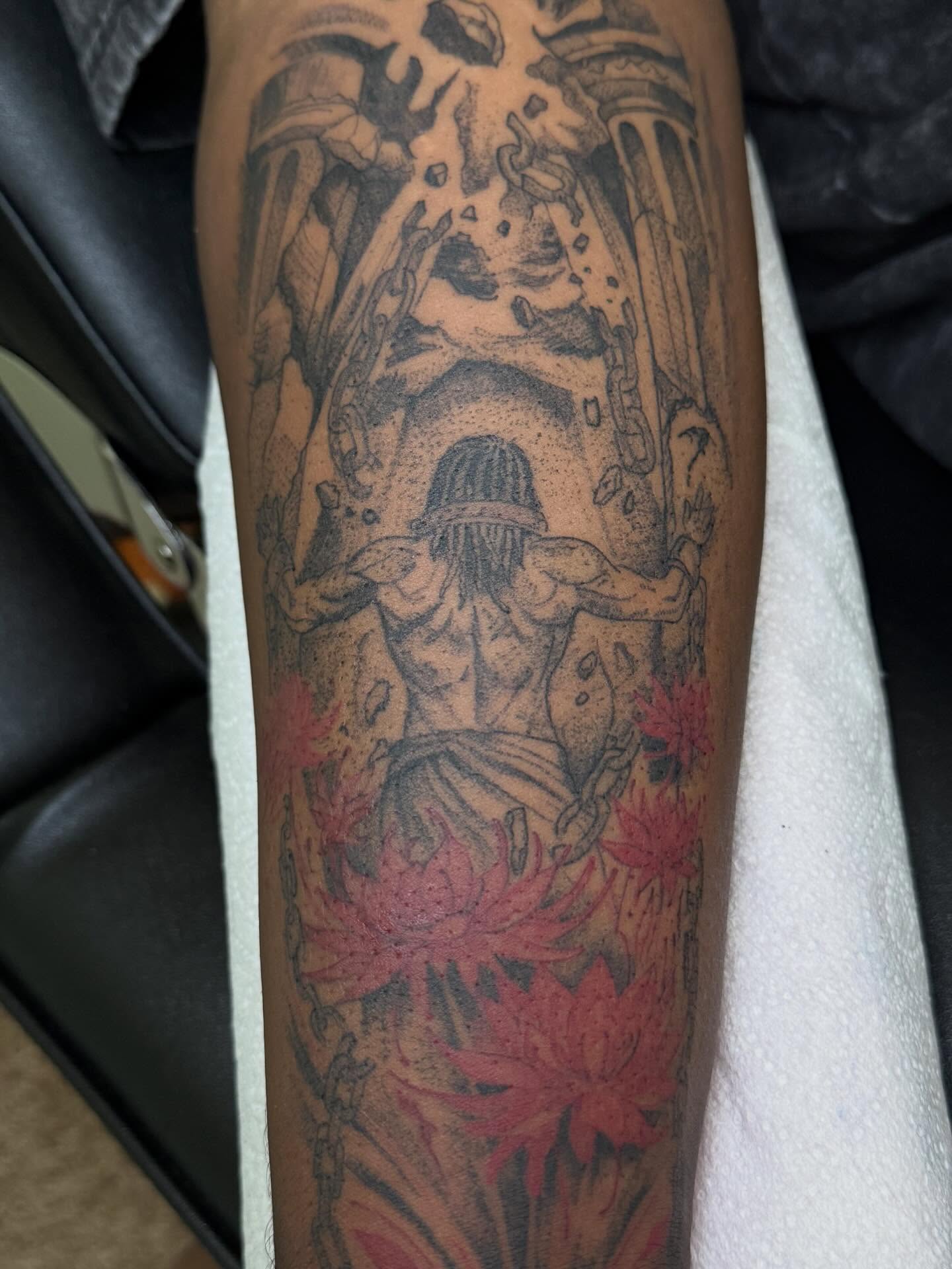 Man meditating dotwork tattoo on the forearm by Destini