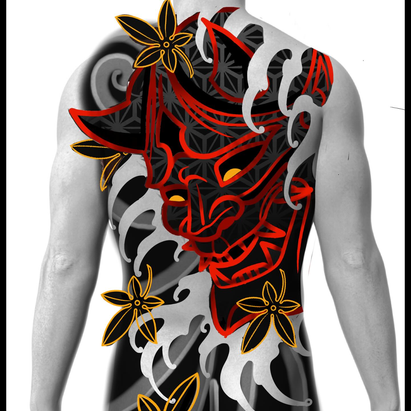 Demon face japanese irezumi tattoo on the back by Will Spencer