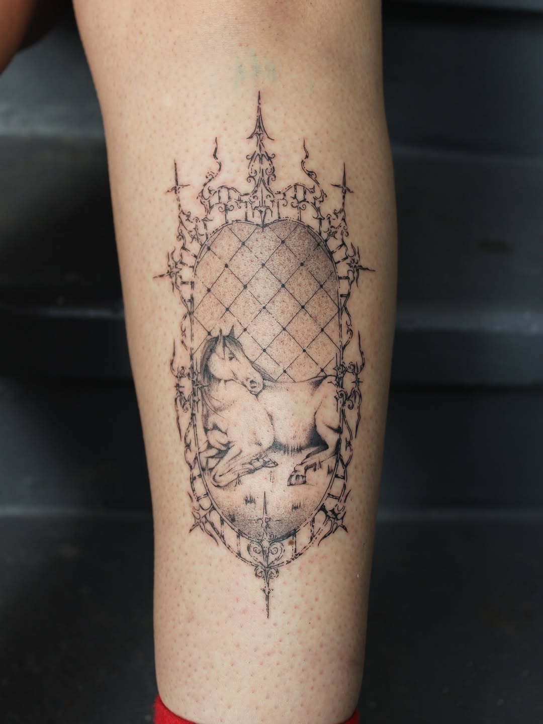 Horses in ornate frame ornamental tattoo on the forearm by carly ✭ jordyn