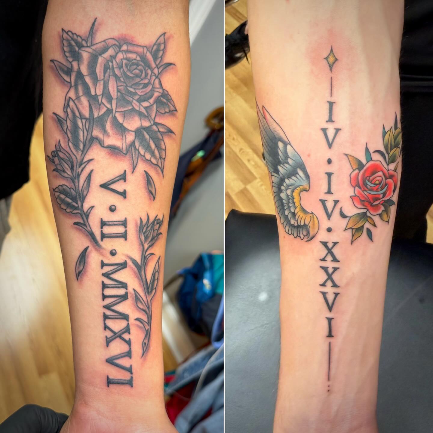 Roses and Roman numerals American traditional tattoo on the forearm by Mike Lachowicz