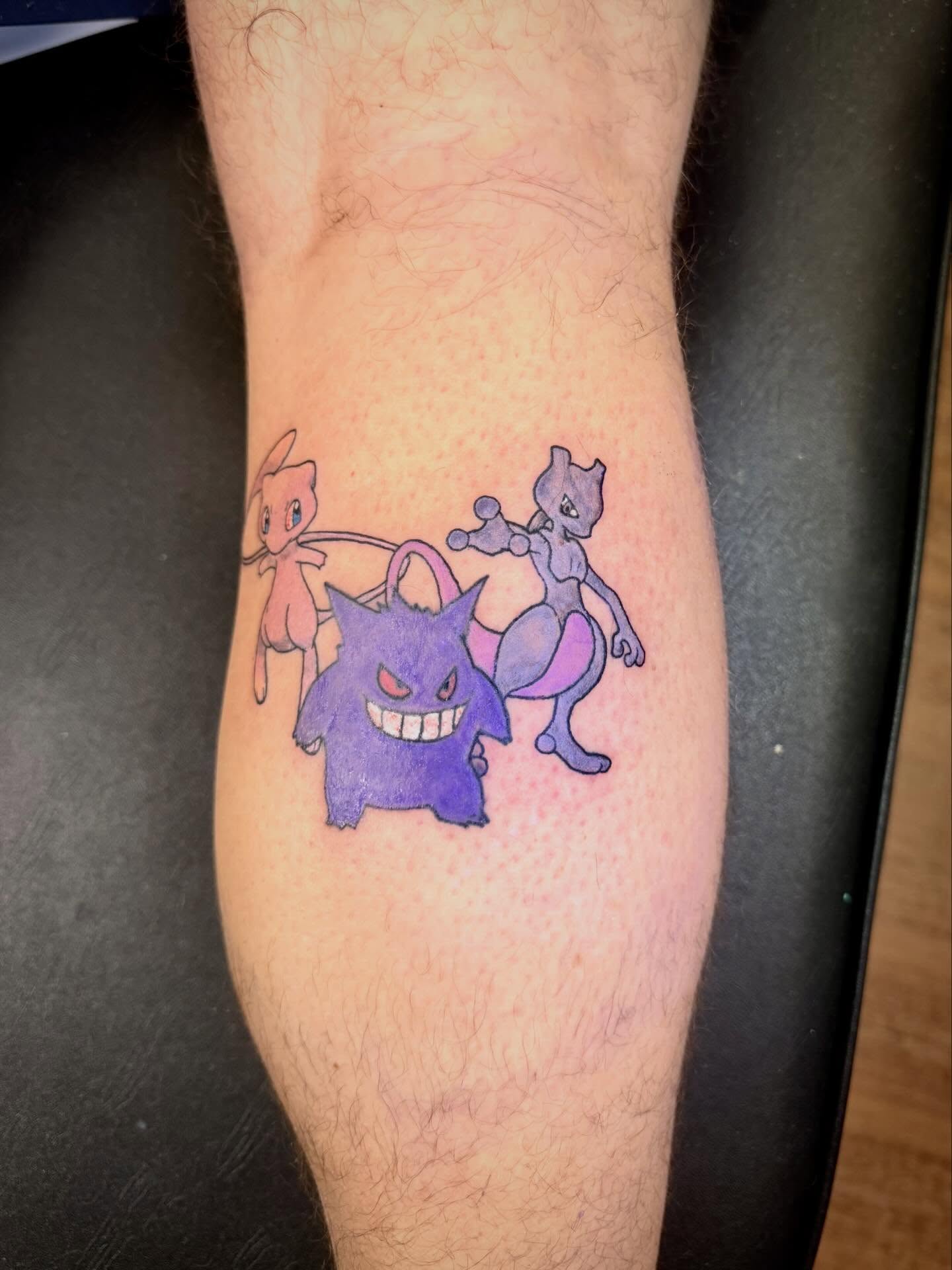 Gengar, Mewtwo, Mew dotwork tattoo on the forearm by Mikey