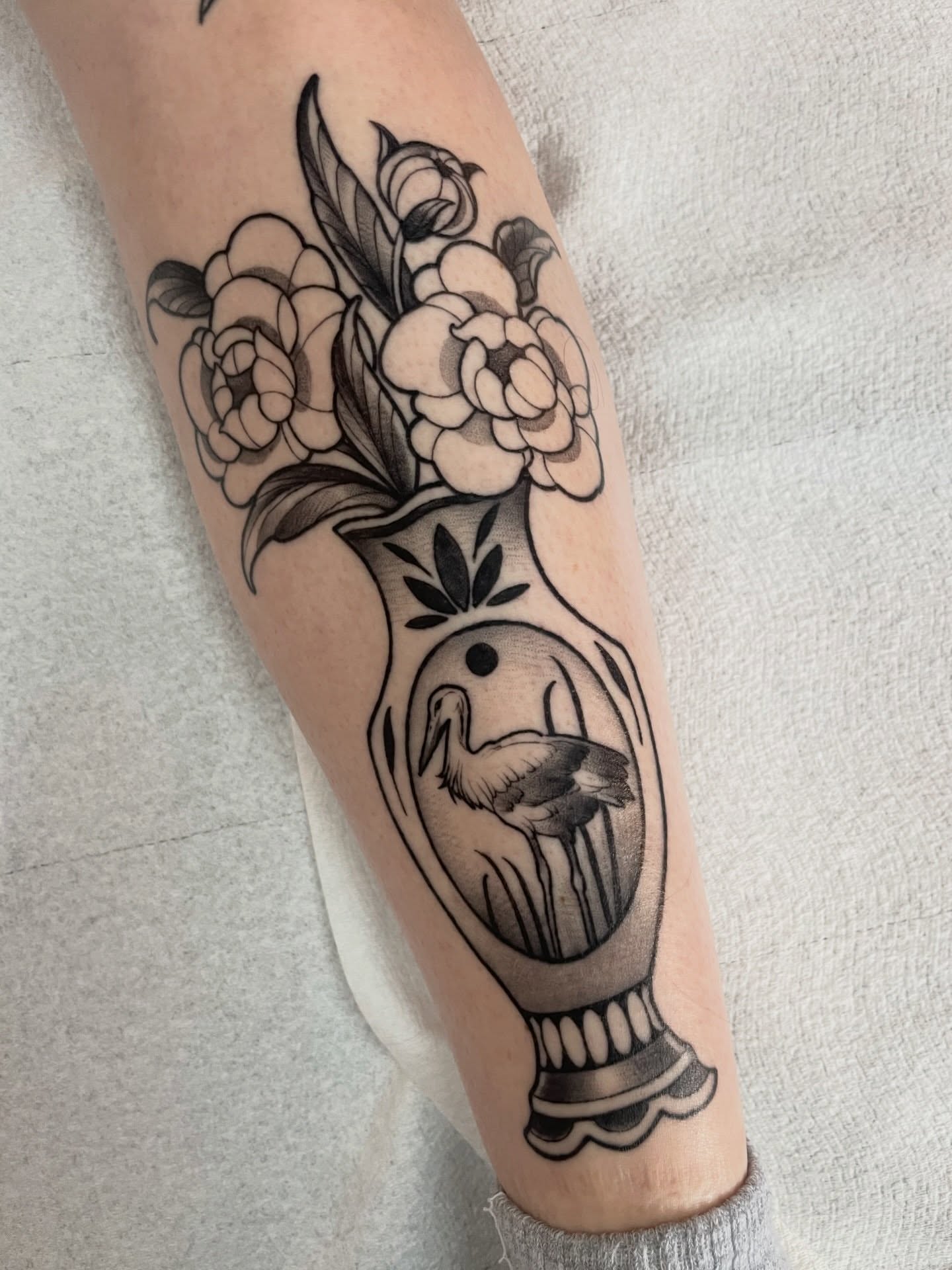 Peony bouquet black and grey tattoo on the forearm by ✨Erin Haines✨