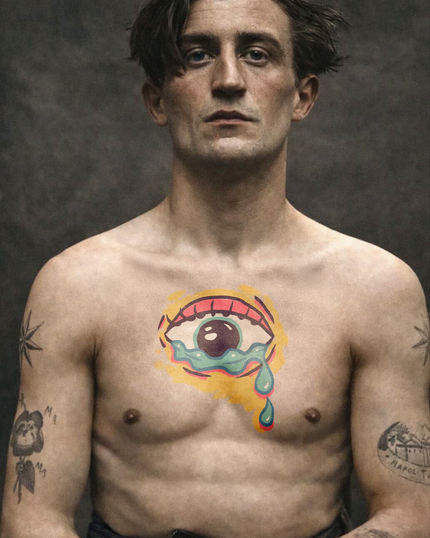 Tearful eye dotwork tattoo on the chest by Flash Boom Bang Tattoo