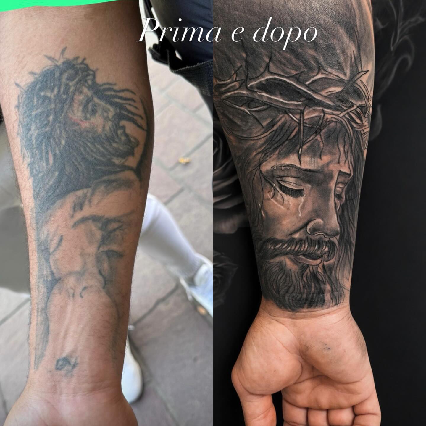 Jesus Christ realism tattoo on the forearm by Salvador Mendoza, Sesto San Giovanni