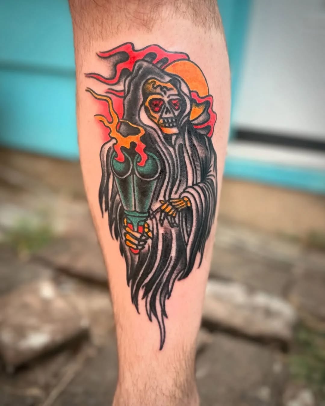 Grim reaper with lantern dark art tattoo on the forearm by Jaquelin Miller