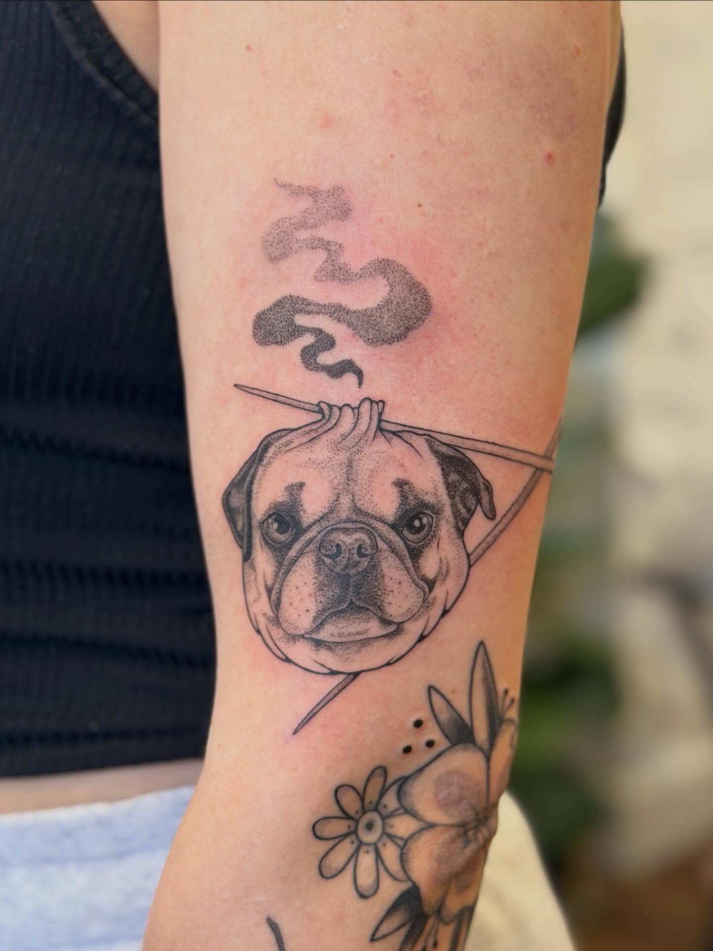 Pug with smoke dotwork tattoo on the forearm by Alison (Wise) Best