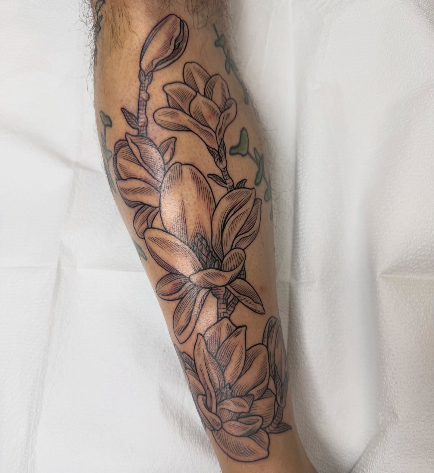 Magnolia flowers black and grey tattoo on the forearm by Taylor 🍂☕️