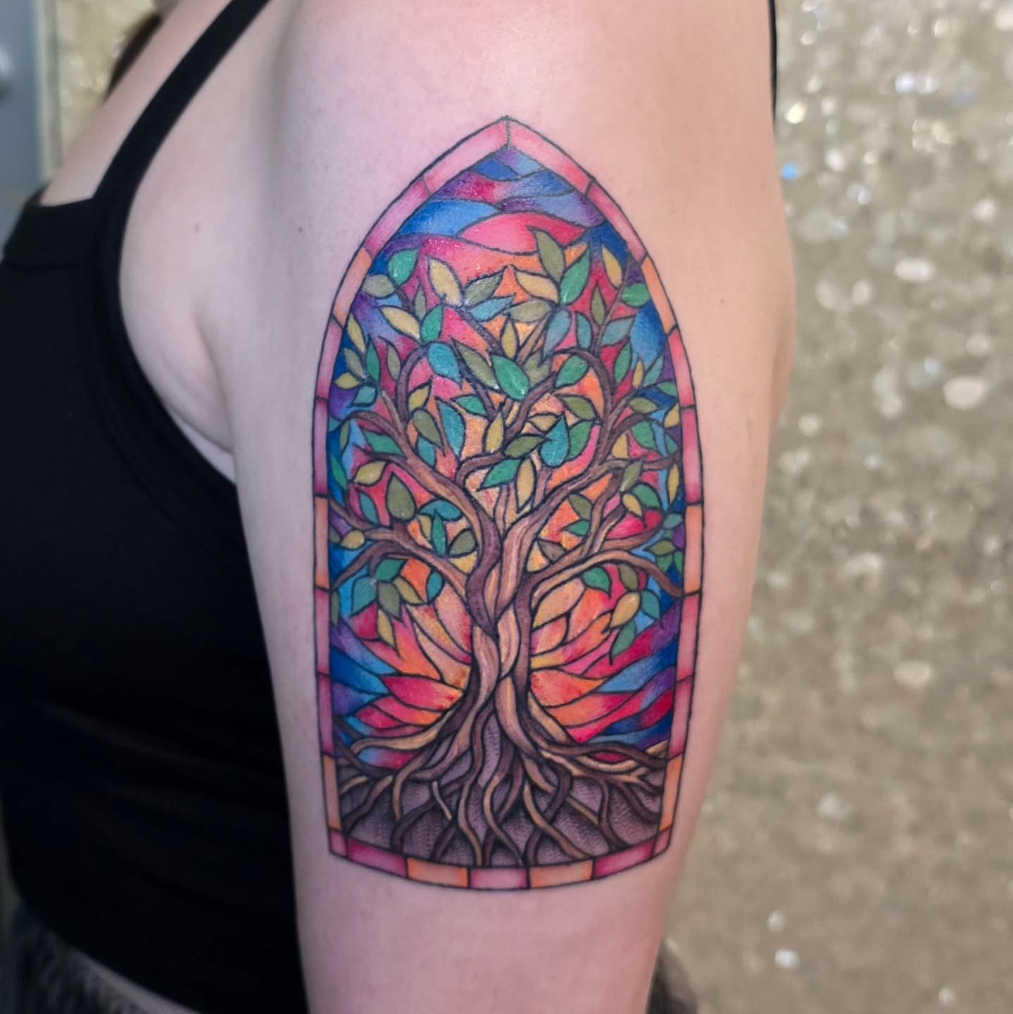 Stained glass tree realism tattoo on the forearm by Hope 🌙, Cincinnati