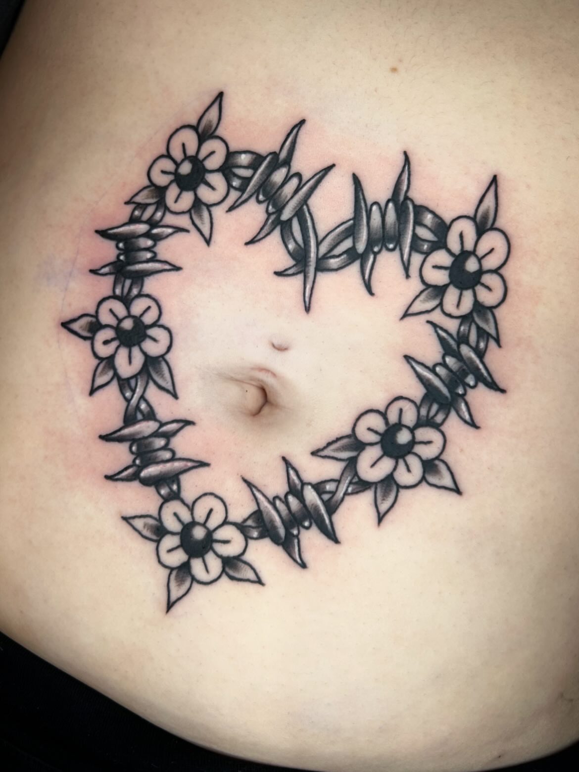 Barbed wire wreath black and grey tattoo by Cassidy Hammer, Westland, Michigan