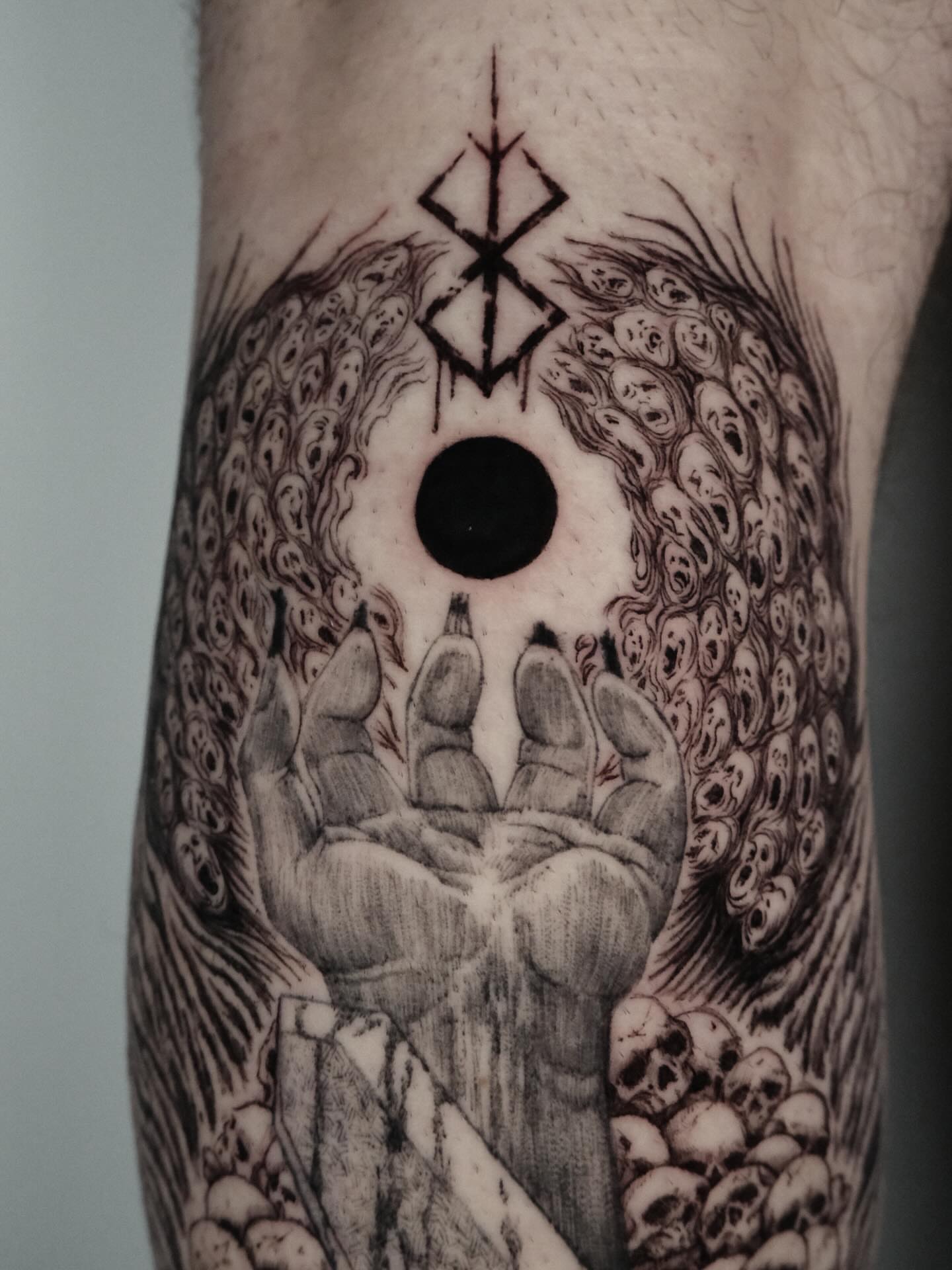 Hands and skulls geometric tattoo on the forearm by HanaKaki