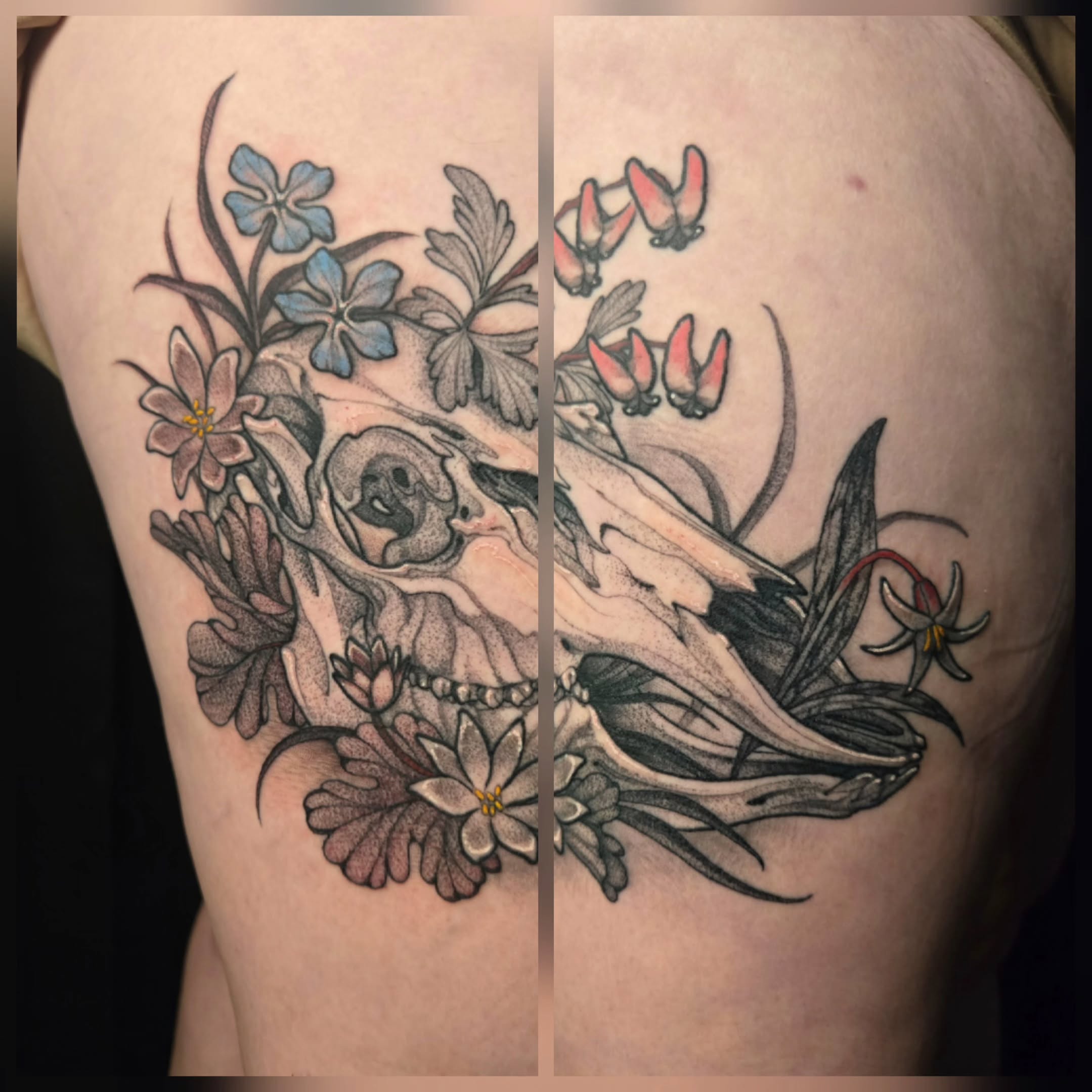 Skull and flowers dotwork tattoo on the thigh by ◇  Kristyn Kay  ◇ Tattoo Warlock, Des Moines, Iowa