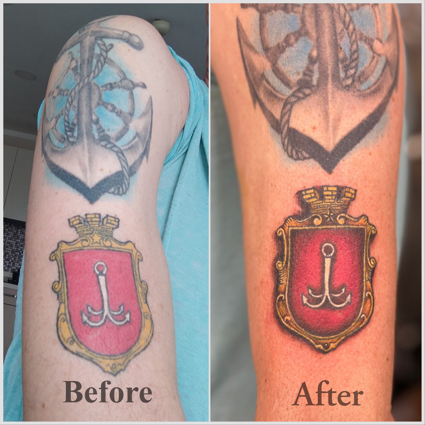 Anchor and shield neo-traditional tattoo on the forearm by Asap tattoo