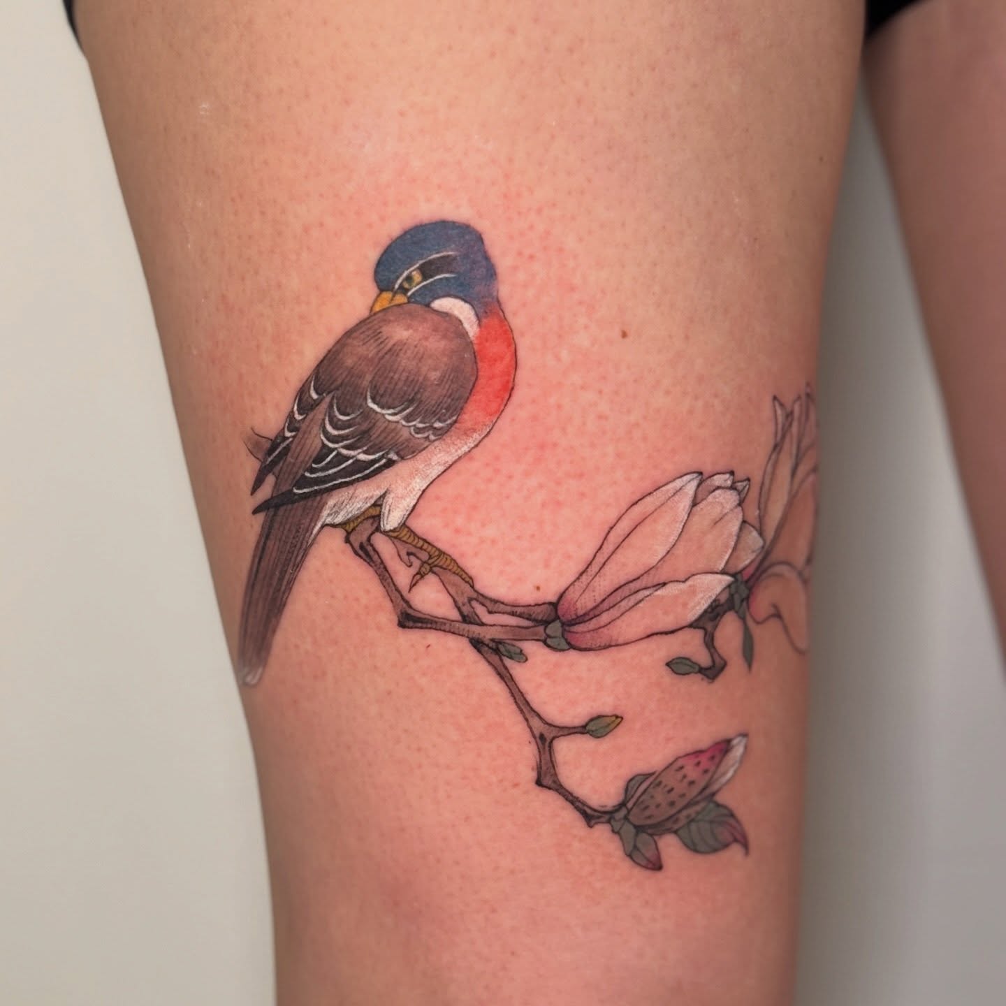Bird and magnolia realism tattoo on the thigh by ink by kimmy ☾⋆⁺₊⋆