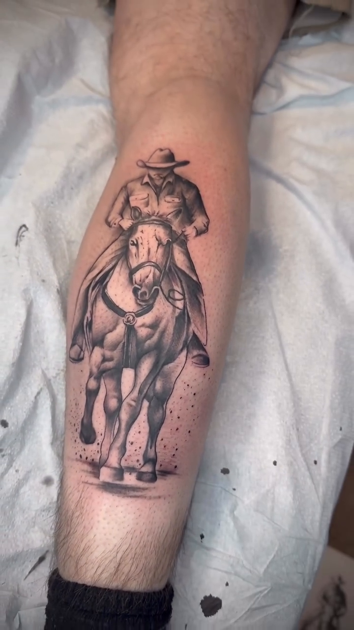 Cowboy on horseback realism tattoo by Matthew Crawley