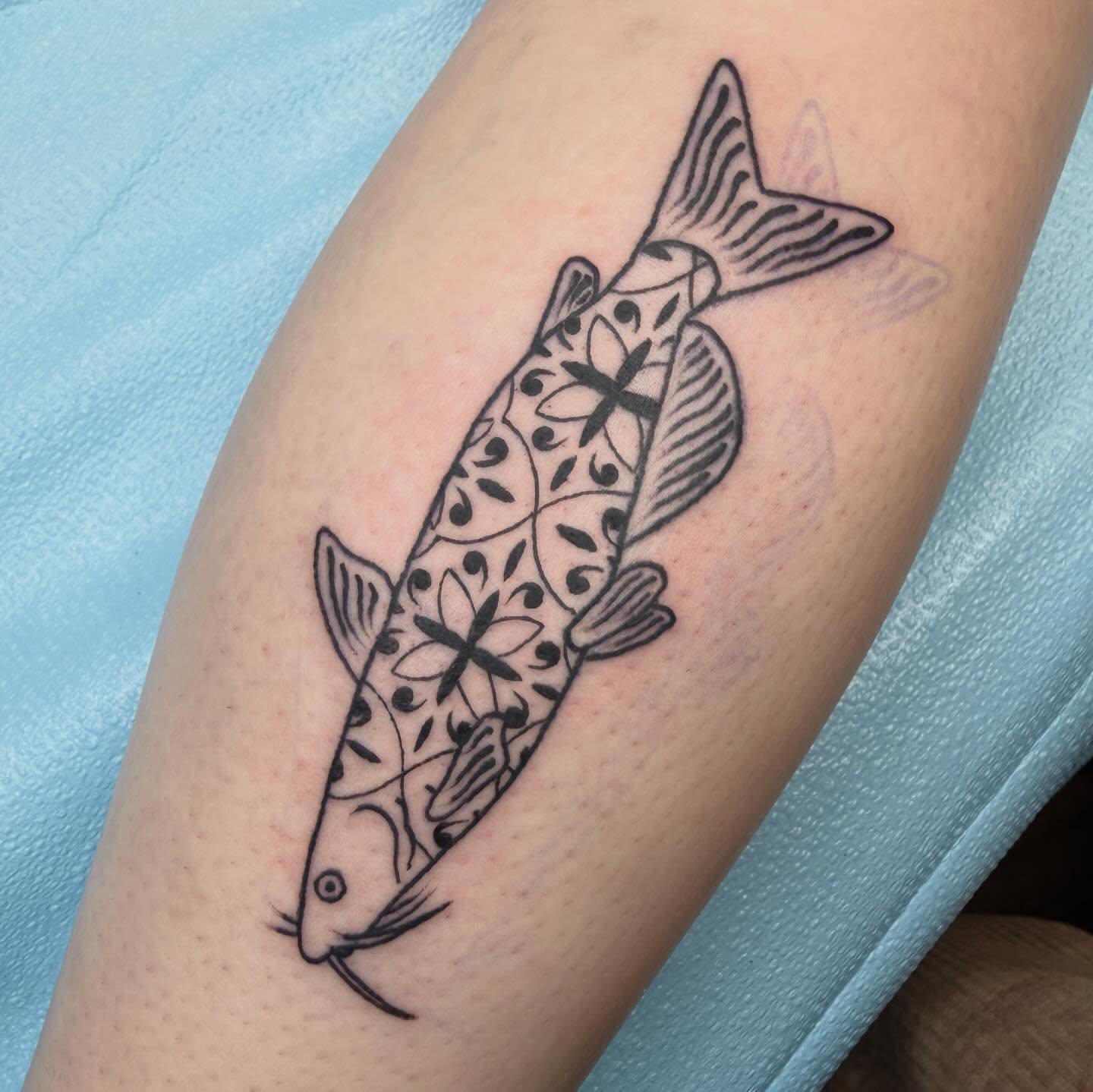 Koi fish black and grey tattoo on the forearm by Bri ⚡️✨