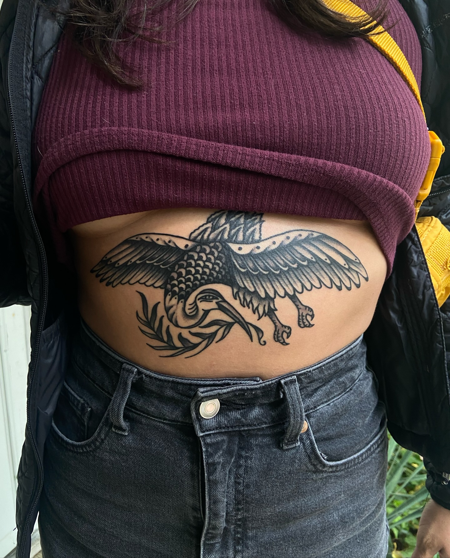 Heron black and grey tattoo on the torso by R y a n S m i t h