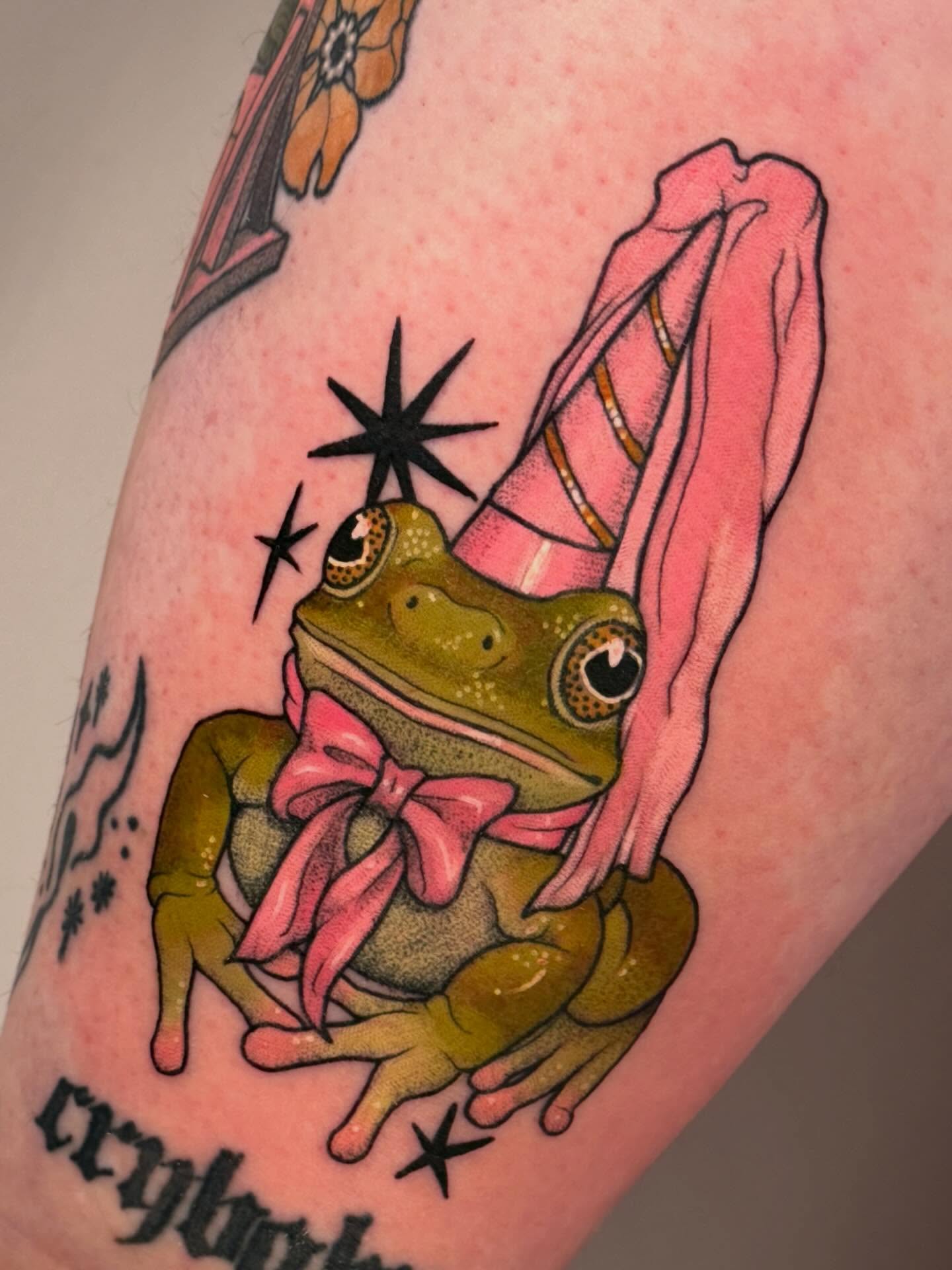 Frog American traditional tattoo on the forearm by leanna patterson, Ruston, Louisiana