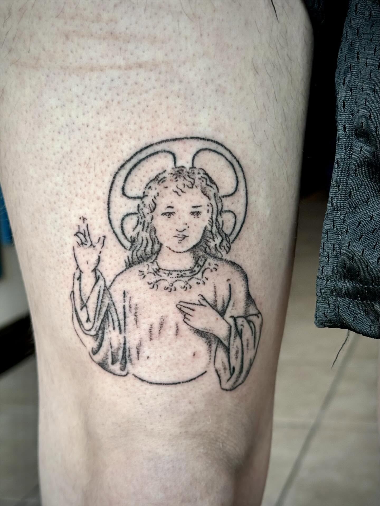 Child with halo dotwork tattoo on the thigh by πΏππΌππ πππππππ