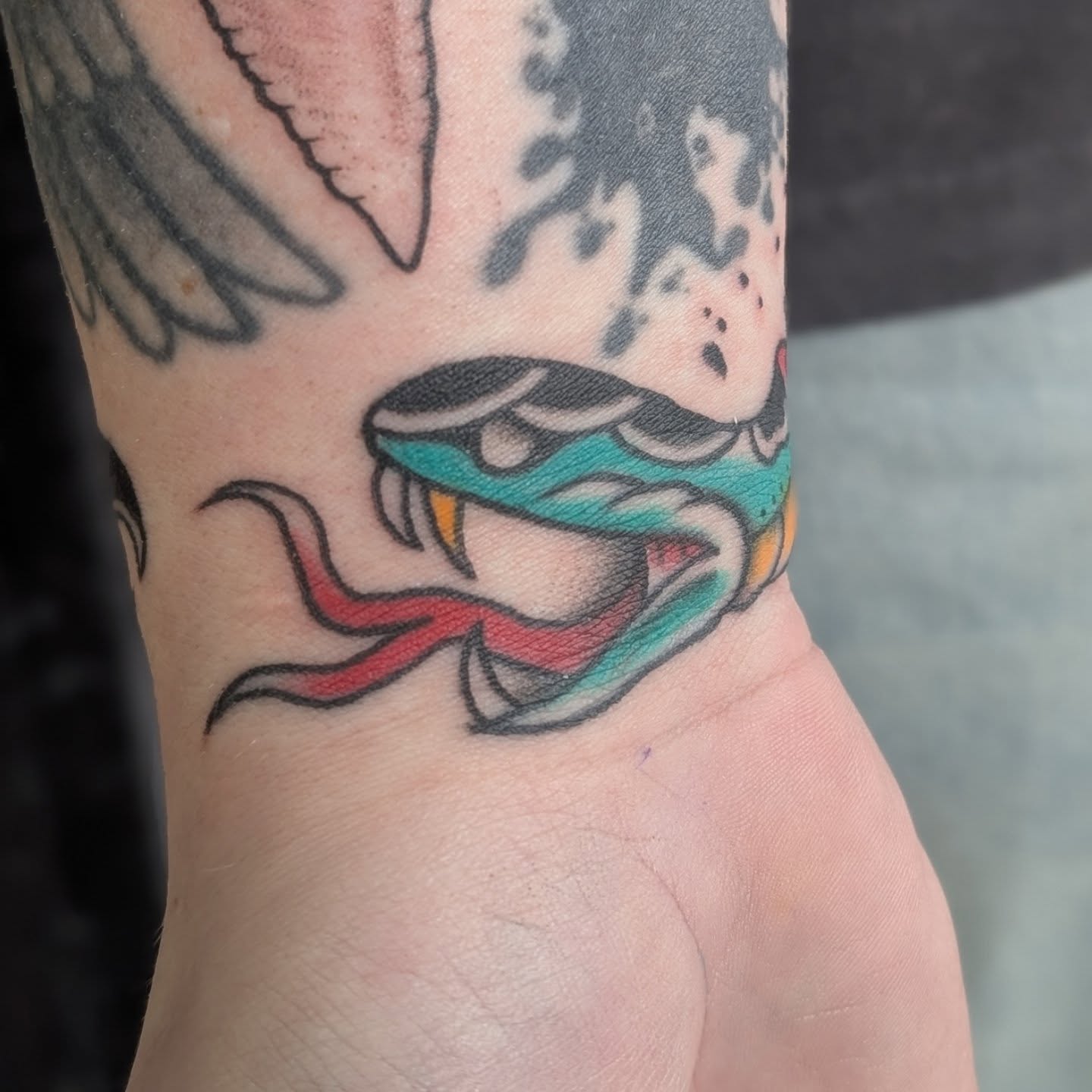Snake American traditional tattoo on the forearm by Alexandria Green
