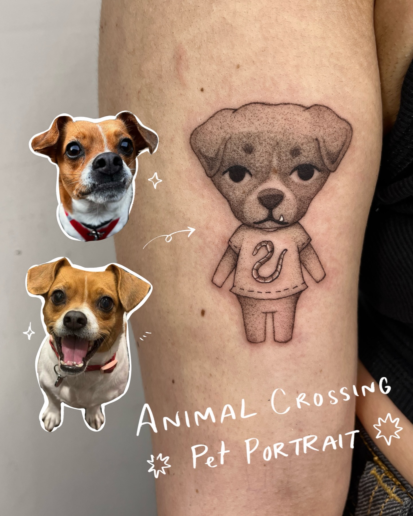 Pet portrait dotwork tattoo on the forearm by Sarah Jurgielewicz