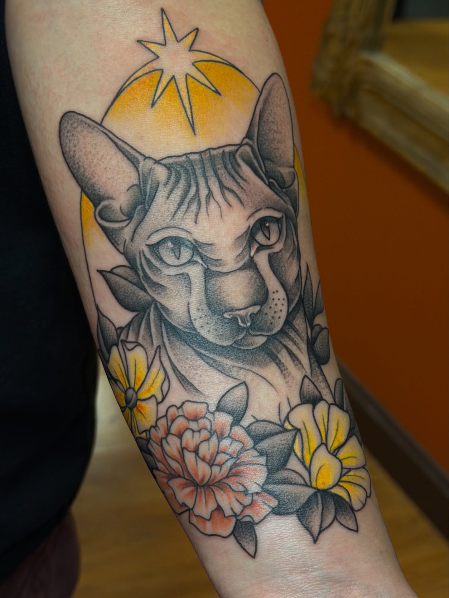 Cat and flowers American traditional tattoo on the forearm by Dee - MA Tattoo Artist, Concord, Massachusetts