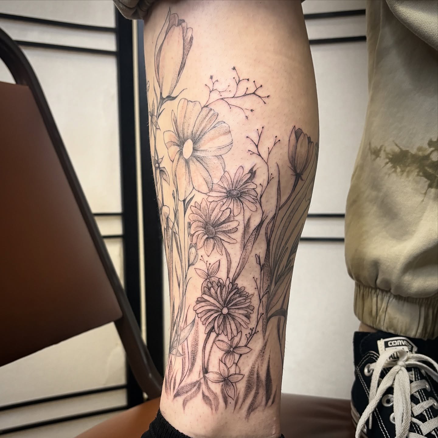 Floral bouquet black and grey tattoo on the calf by ★ Val! ★ Tattoo Artist