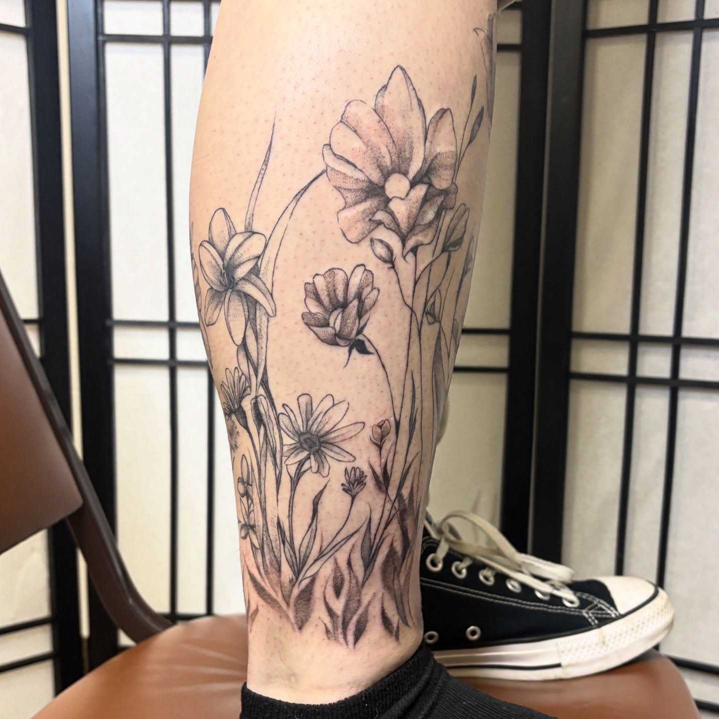 Flowers dotwork tattoo on the calf by ★ Val! ★ Tattoo Artist