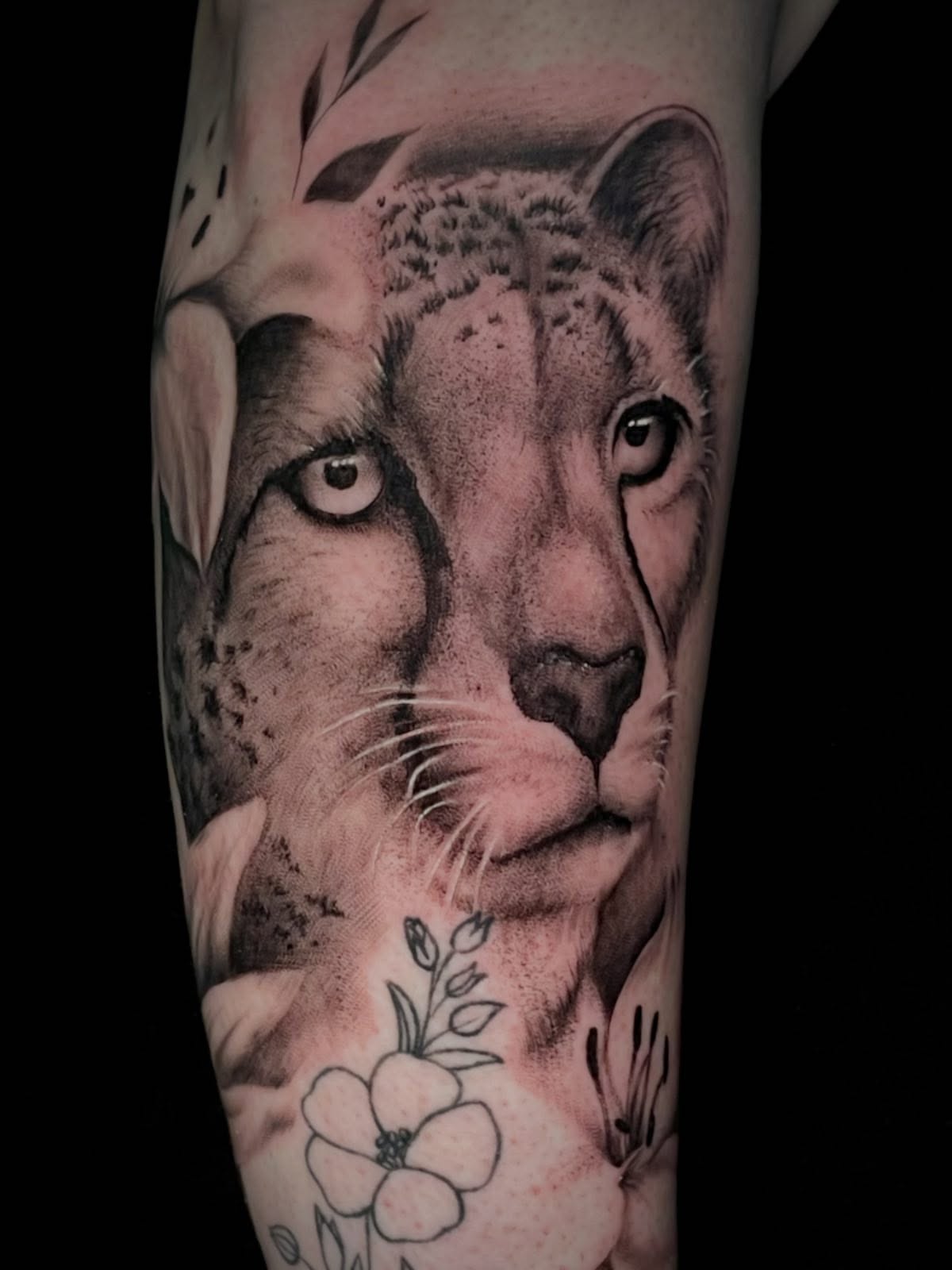Lioness realism tattoo on the forearm by Bryce Presley, Mission, Kansas