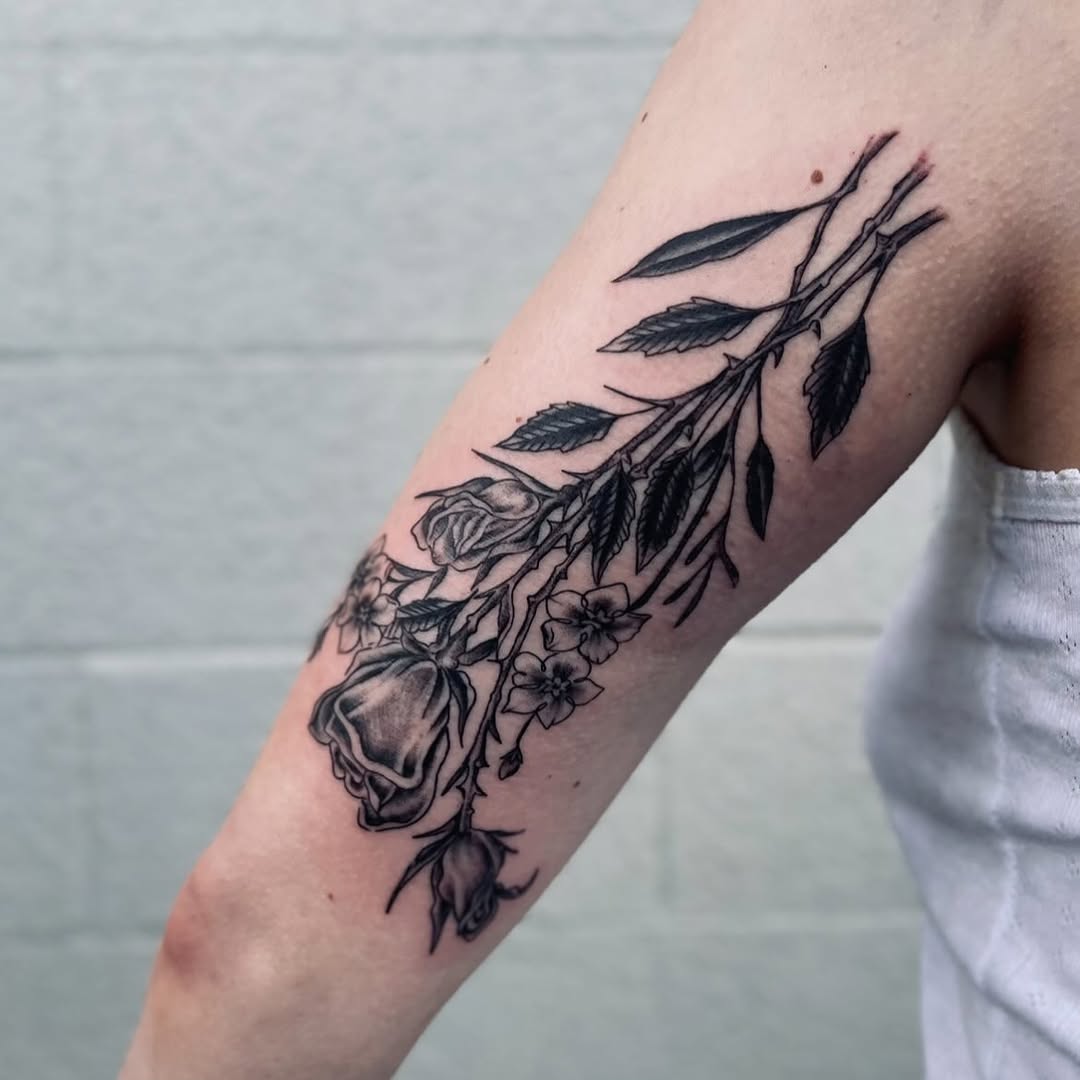 Roses and branches dotwork tattoo on the forearm by Christien Xavier Alba, Salt Lake City, Utah
