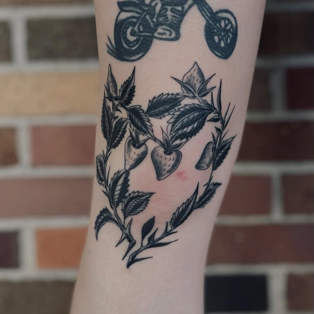 Strawberry plant fine line tattoo on the forearm by Christien Xavier Alba, Salt Lake City, Utah