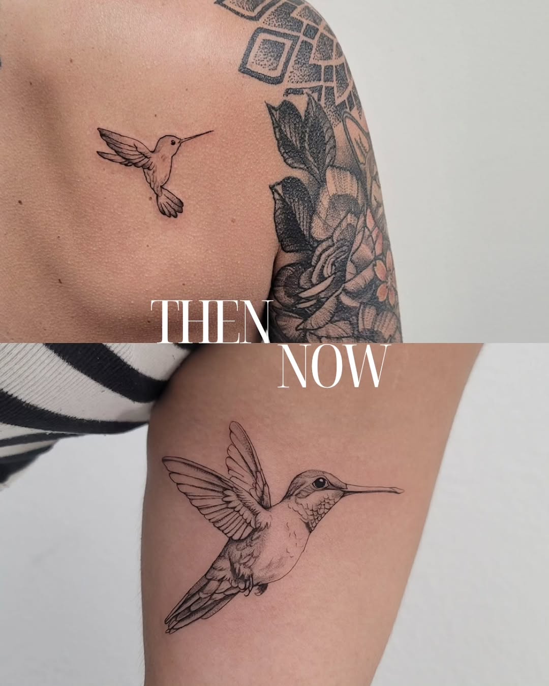 Hummingbird fine line tattoo on the upper arm by Las Vegas Fine Line Tattoos