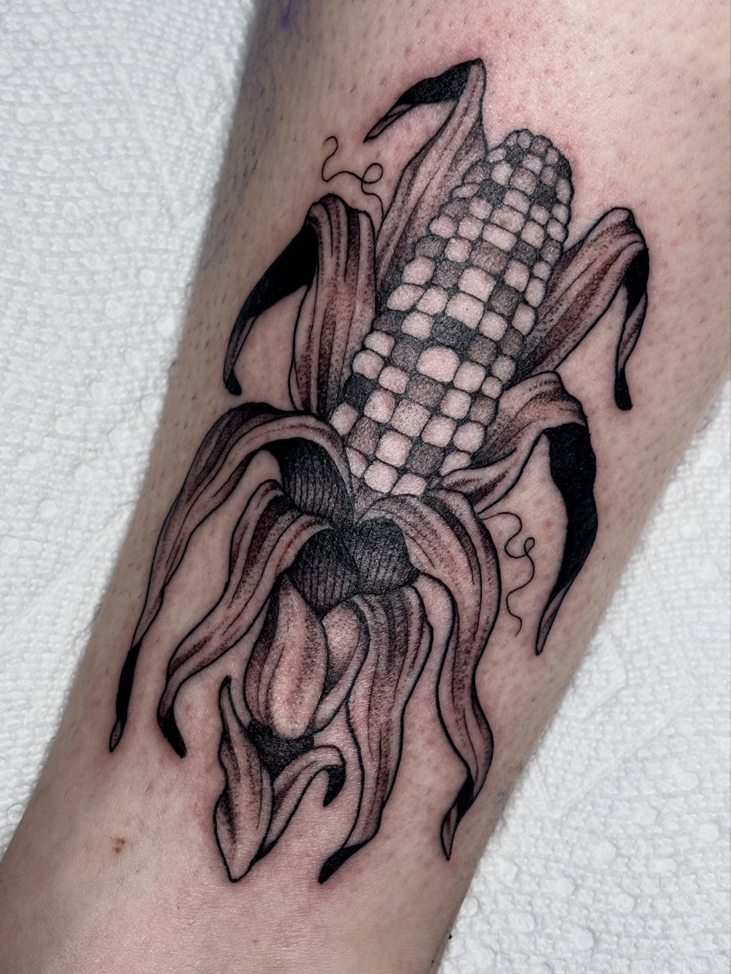 Corn cob black and grey tattoo on the forearm by ✨madison✨, Portland, Oregon