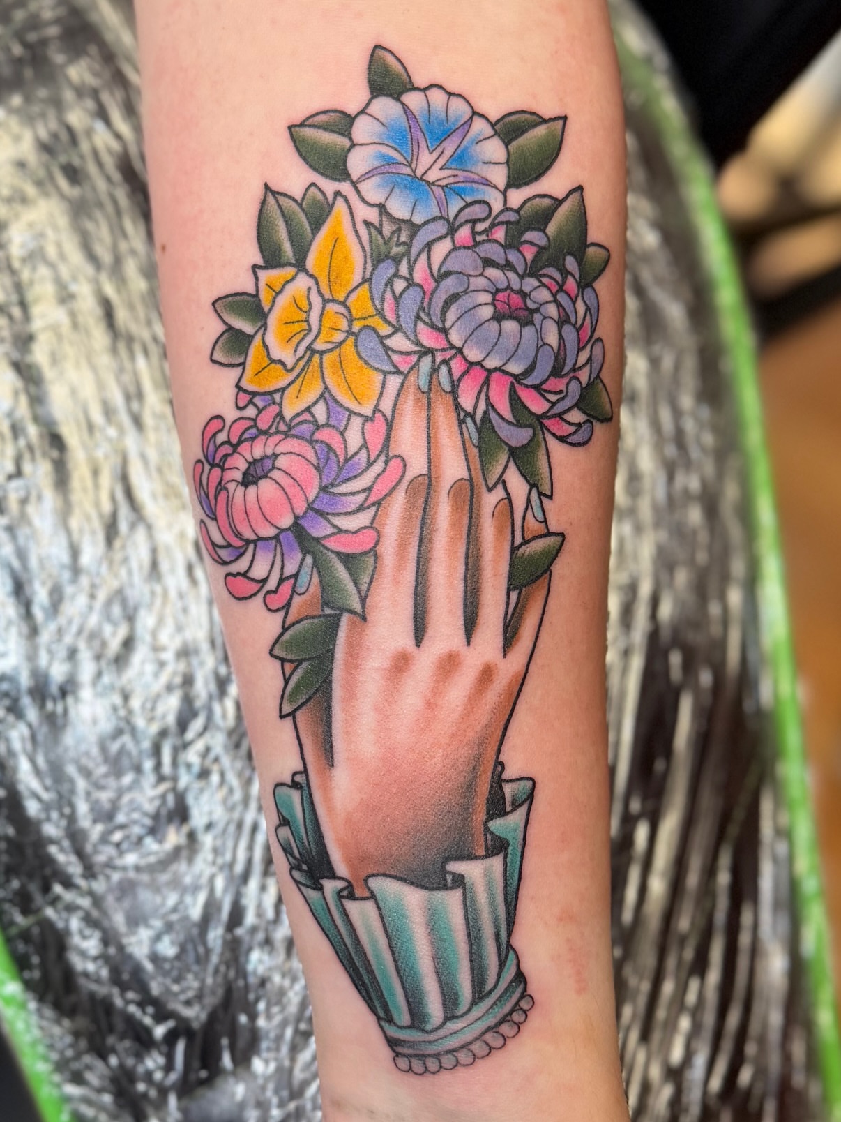 Flower bouquet new school tattoo on the forearm by Dee - MA Tattoo Artist, Concord, Massachusetts