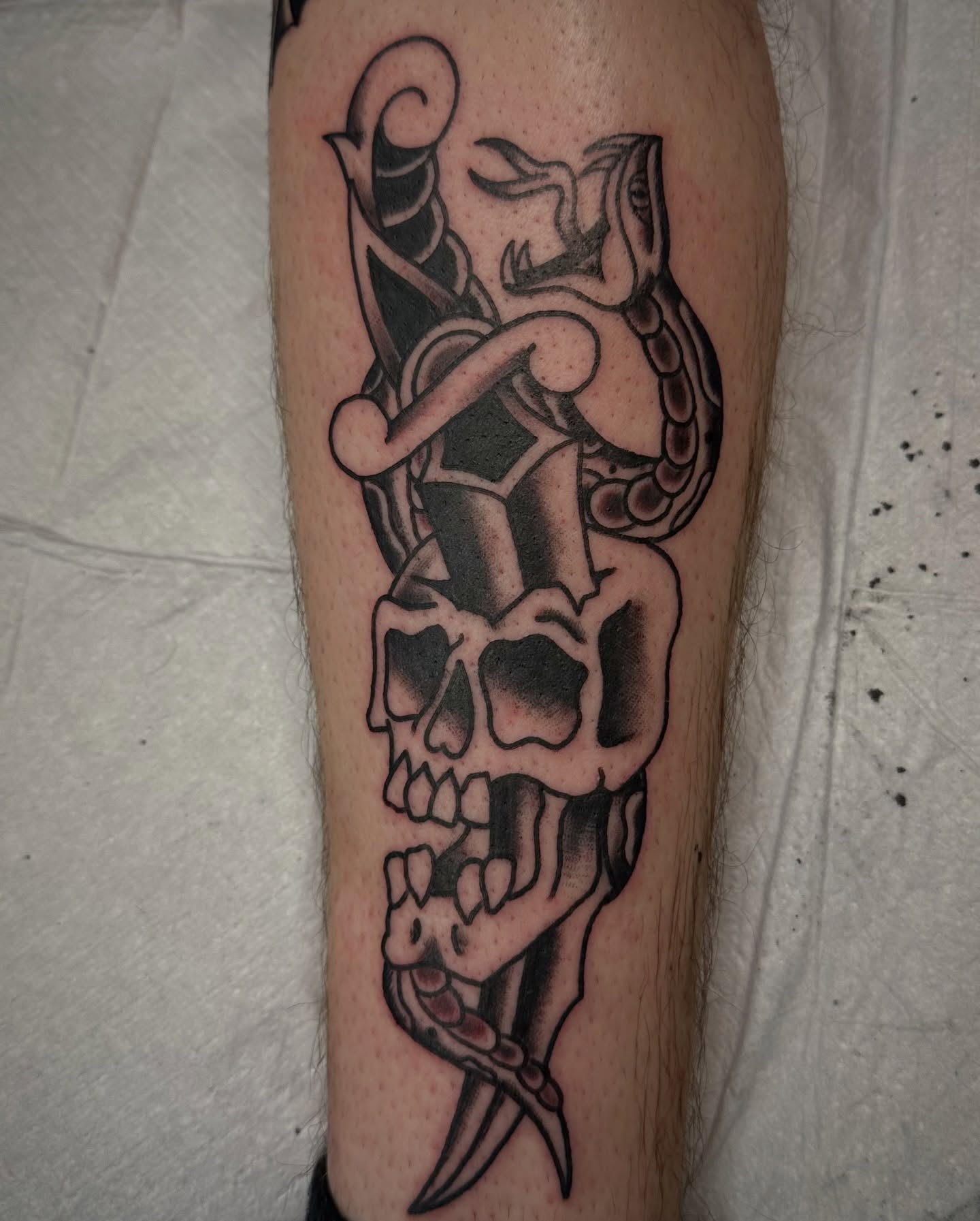 Skull and snake black and grey tattoo on the forearm by Josh Robinson