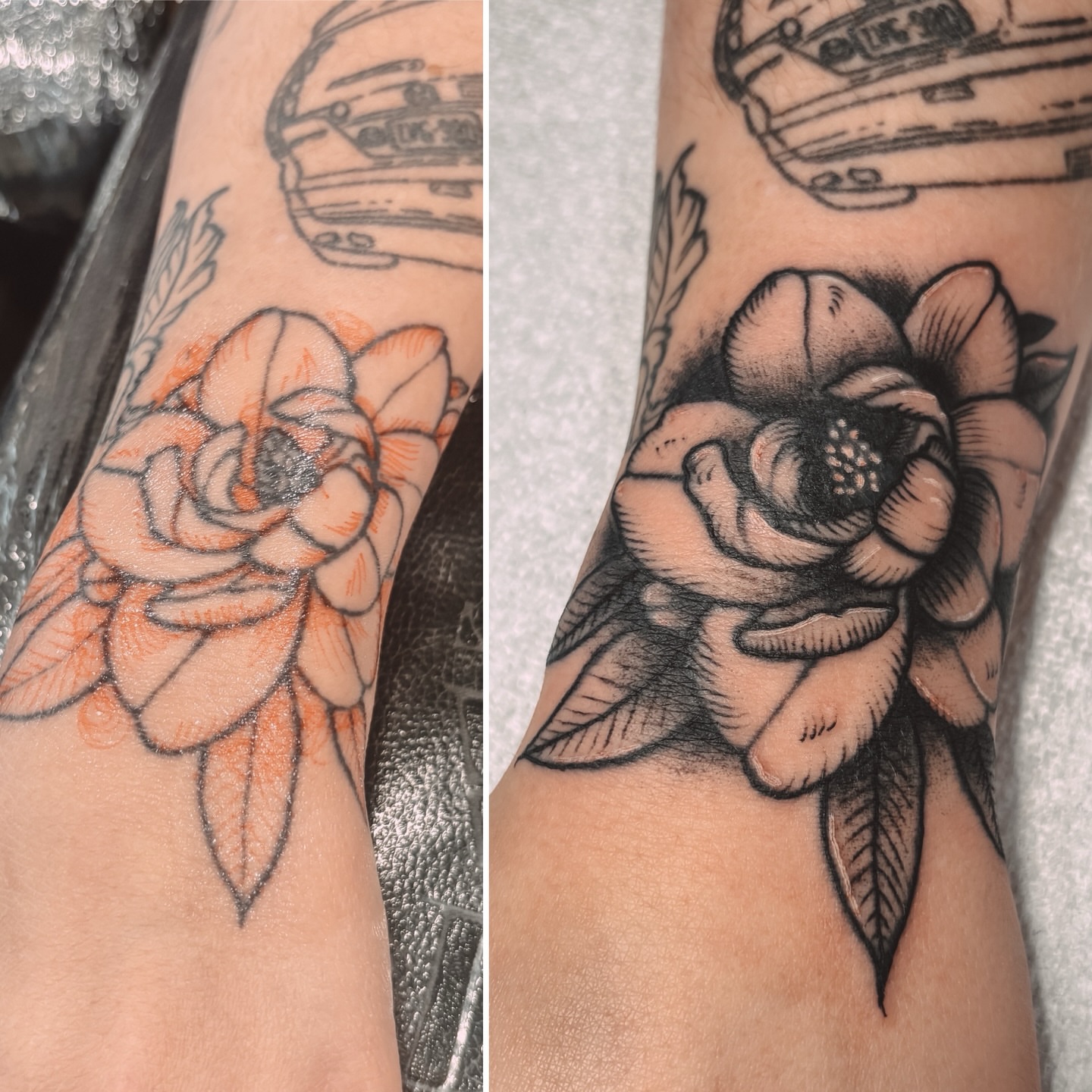 Rose black and grey tattoo on the forearm by Liz Cook