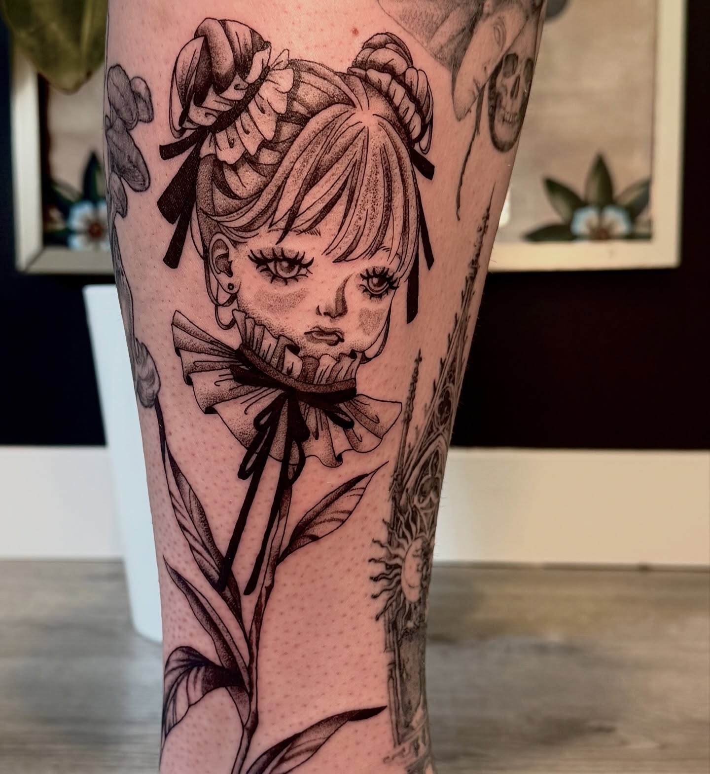 Anime girl dotwork tattoo on the forearm by Ki ☆ SLC TATTOO ARTIST