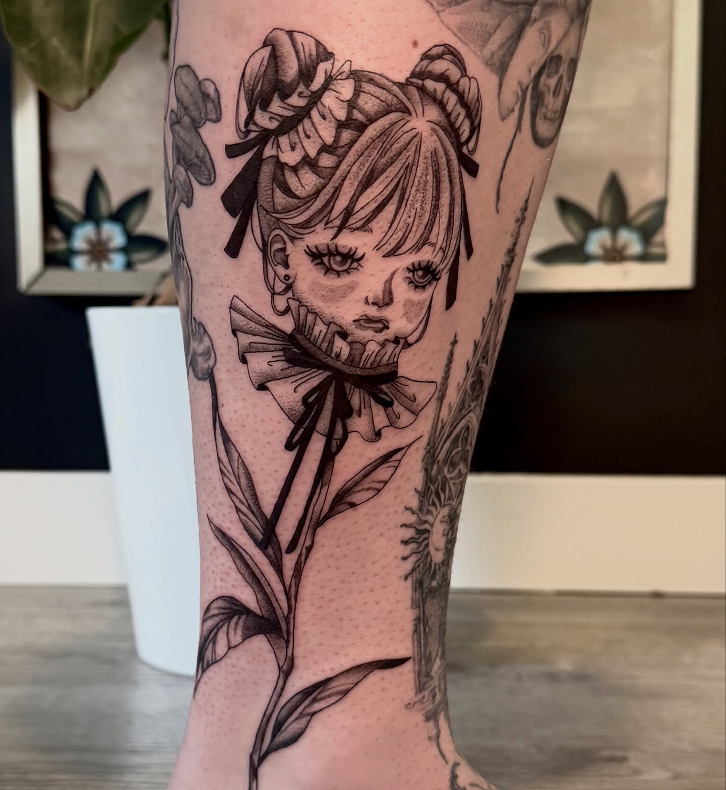 Anime girl dotwork tattoo on the forearm by Ki ☆ SLC TATTOO ARTIST