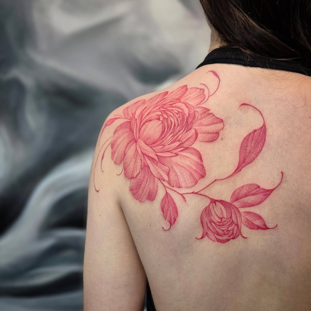 Peony dotwork tattoo on the shoulder by Тату Херсон _ Kherson tattoo, Kherson