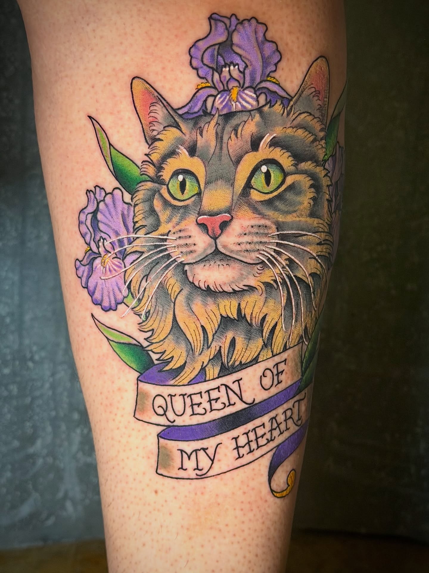 Cat American traditional tattoo on the forearm by Thad Collis