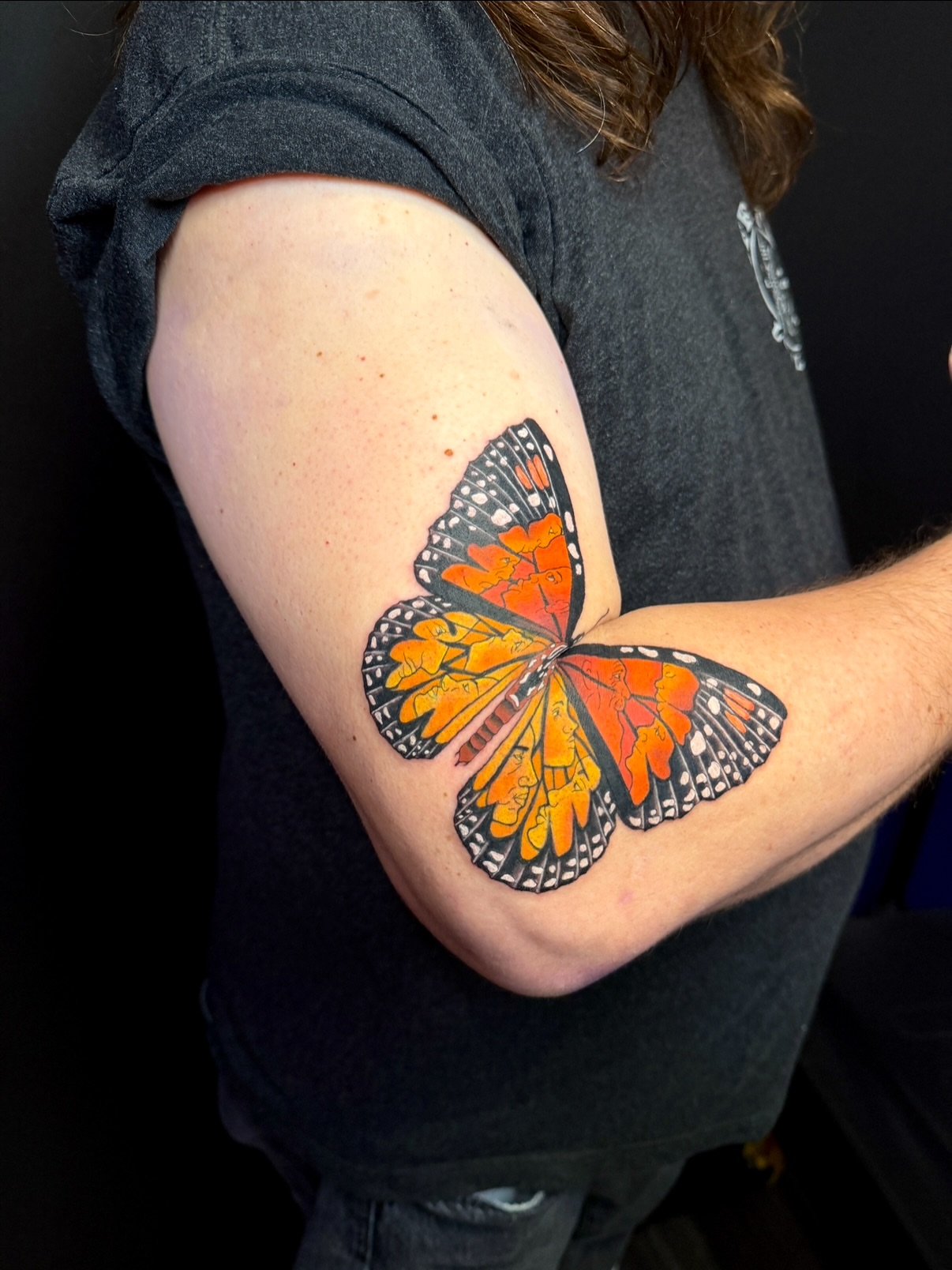 Monarch butterfly realism tattoo on the upper arm by aria, Austin, Texas