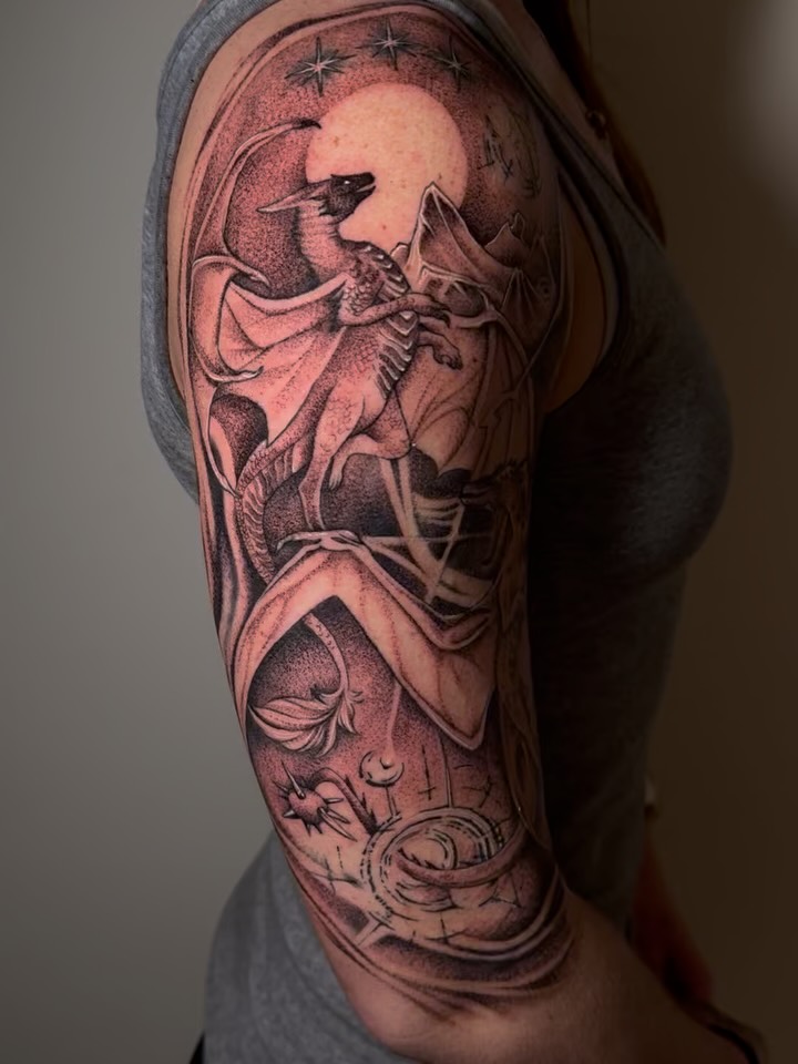 Tattoo by @whitehorsetattooing — black_and_grey, realism