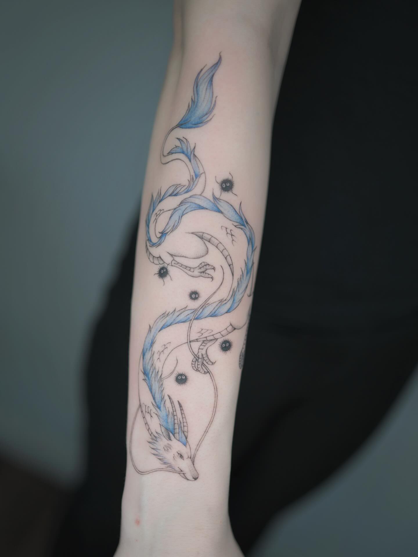 Dragon dotwork tattoo on the forearm by Seattle tattoo artist-Mia